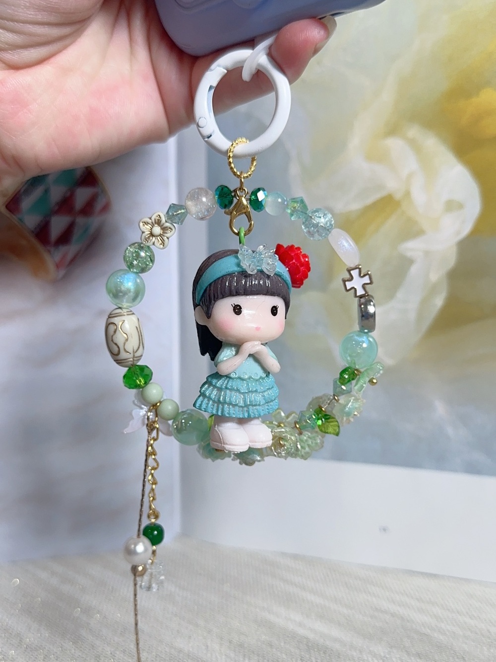 Aqua Beaded Doll Keychain Charm - Cute Girl Figure